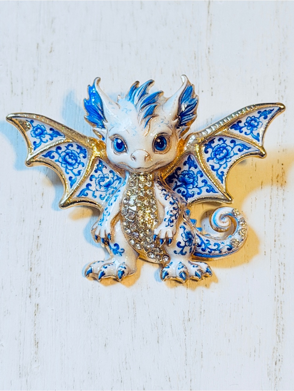 Baby Dragon Blue & White Rhinestone Brooch